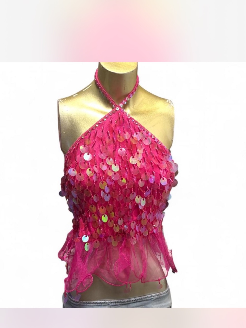 Sequin Halter Peplum Tank Top - Hot Pink